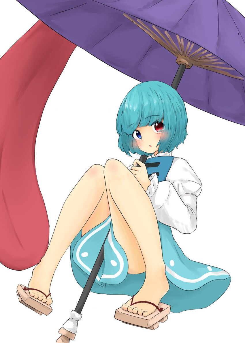 1girl aqua_hair aqua_skirt between_legs blue_eyes blue_vest blush feet geta heterochromia highres holding holding_umbrella karakasa_obake knees_together_feet_apart knees_up long_sleeves looking_at_viewer puffy_long_sleeves puffy_sleeves purple_umbrella red_eyes sayoshima shirt short_hair simple_background sitting skirt solo tatara_kogasa touhou umbrella vest white_background white_shirt