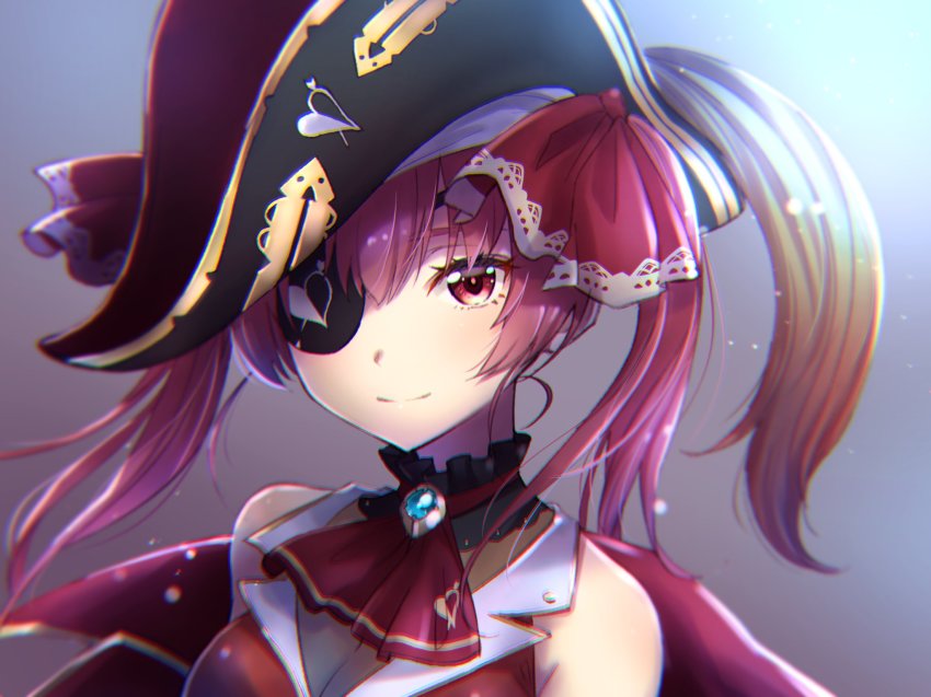 1girl ascot bicorne black_collar black_hat blurry breasts brooch cleavage closed_mouth collar detached_collar eyepatch hair_ribbon hat heart high_collar highres hololive houshou_marine inumoto jewelry light_particles looking_at_viewer medium_breasts medium_hair portrait red_ascot red_eyes red_hair red_ribbon red_shirt ribbon shirt sleeveless sleeveless_shirt smile solo twintails virtual_youtuber