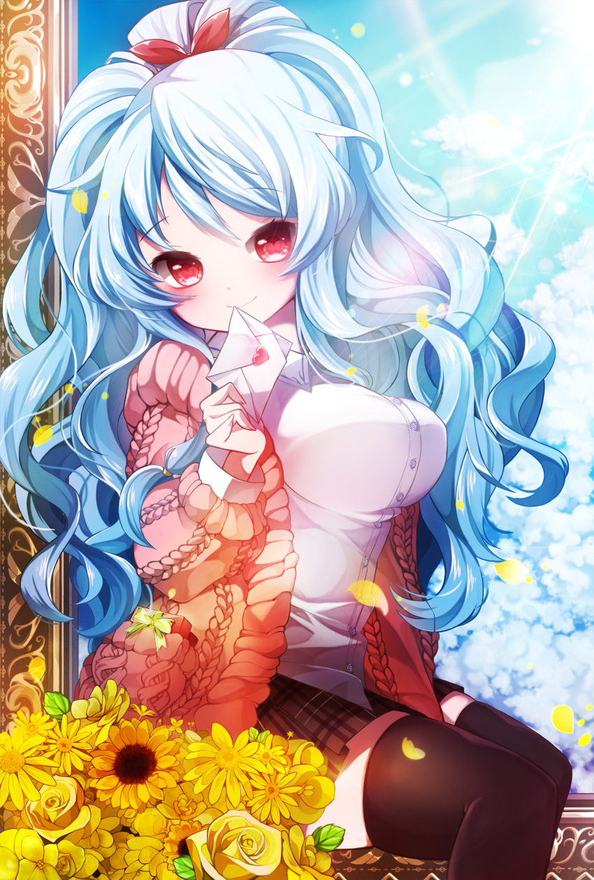 1girl blue_hair breasts cardigan female_focus flower highres kanola_u large_breasts letter linus_falco long_hair love_letter ponytail red_eyes ribbon shirt sitting skirt smile solo sword_girls thighhighs very_long_hair zettai_ryouiki