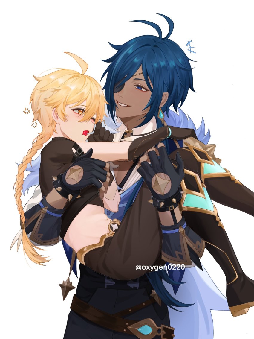 2boys aether_(genshin_impact) ahoge blonde_hair blue_eyes blue_hair boots braid crop_top dark-skinned_male dark_skin earrings eyepatch genshin_impact gloves highres jewelry kaeya_(genshin_impact) long_hair long_sleeves multiple_boys open_mouth oxygen_(0220) single_braid smile twitter_username white_background yellow_eyes