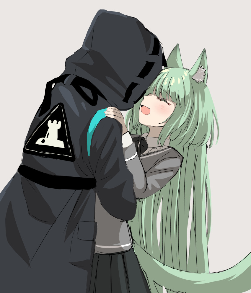 1girl 1other :d ^_^ absurdres animal_ear_fluff animal_ears arknights black_bow black_bowtie black_coat black_skirt blush bow bowtie cardigan closed_eyes coat collared_shirt commentary_request cowboy_shot doctor_(arknights) face-to-face facing_another green_hair green_tail grey_background grey_cardigan hand_on_another&#039;s_back hand_on_another&#039;s_shoulder harmonie_(arknights) highres hood hood_up hooded_coat long_hair long_sleeves open_mouth pleated_skirt procaine_(nemurenai) rhodes_island_logo_(arknights) ribbon-trimmed_hood ribbon_trim shirt simple_background sketch skirt smile standing tail white_shirt