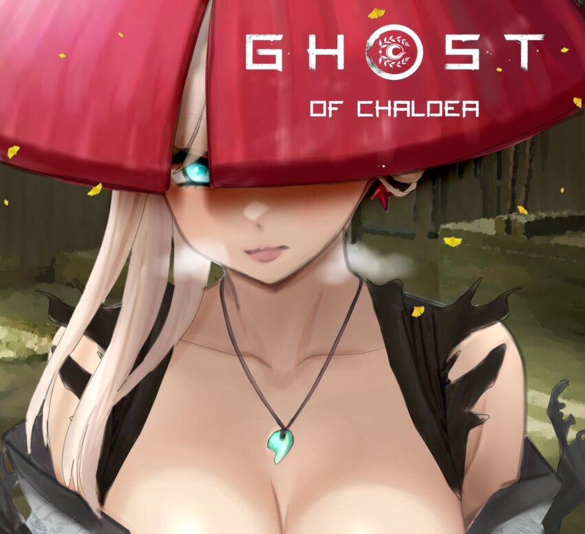 1girl asymmetrical_hair blue_eyes brand_name_imitation breasts closed_mouth collarbone falling_leaves fate/grand_order fate_(series) ghost_of_tsushima grey_hair grey_kimono japanese_clothes jewelry kimono large_breasts large_hat leaf long_hair looking_at_viewer miyamoto_musashi_(fate) necklace off_shoulder outdoors raskasar samurai sandogasa upper_body