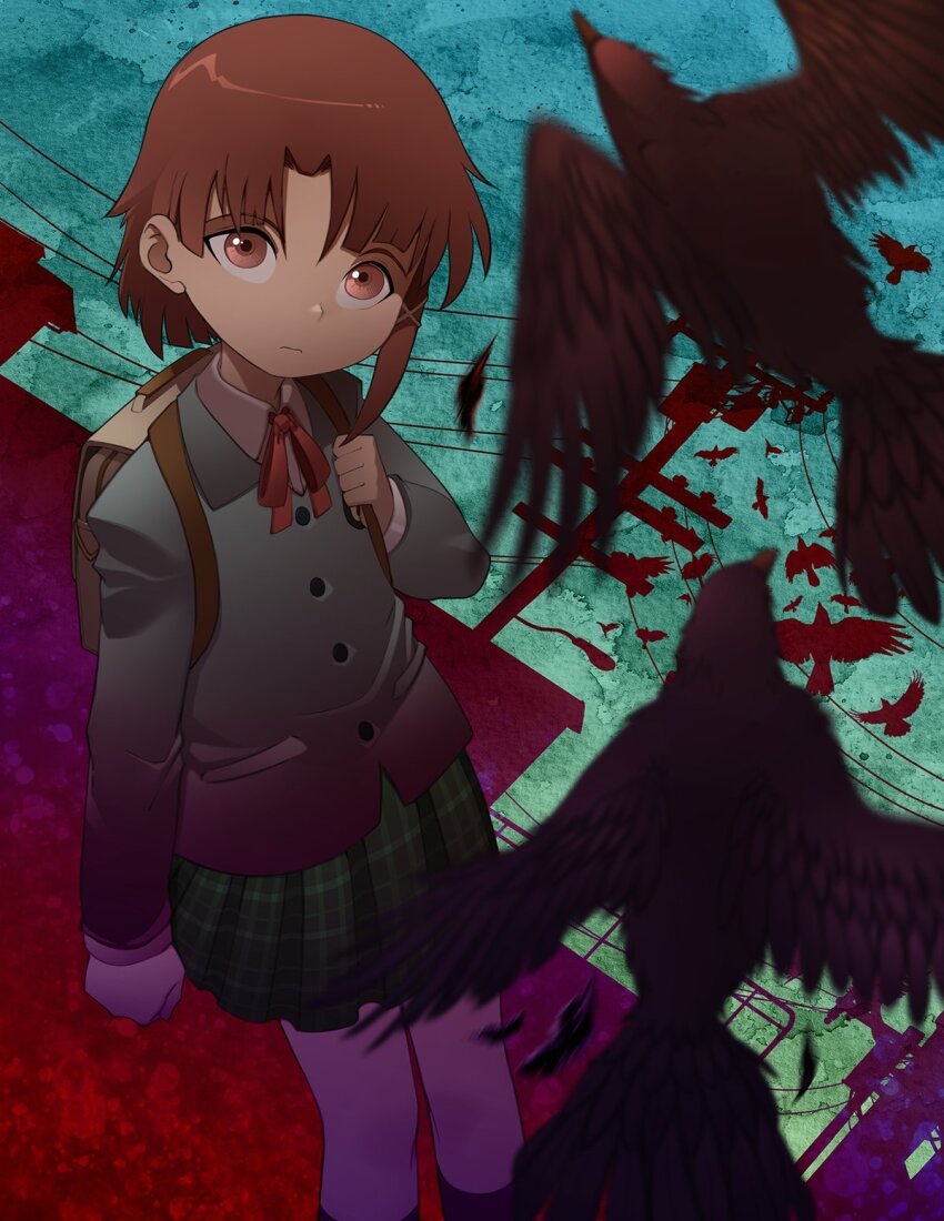 1girl backpack bag bird bleedman blue_background bow bowtie brown_eyes brown_hair closed_mouth crow green_skirt grey_jacket highres iwakura_lain jacket light_frown long_sleeves looking_at_viewer plaid_clothes plaid_skirt pleated_skirt power_lines red_background red_bow red_bowtie school_uniform serial_experiments_lain short_hair skirt solo