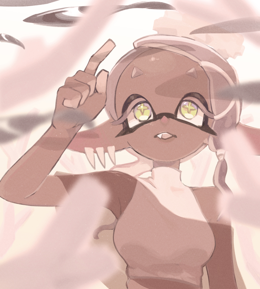 1girl alternate_color coral dark-skinned_female dark_skin earrings fang frye_(splatoon) highres inkling jewelry looking_up mainichi_yamucha nintendo open_mouth pointing pointing_up splatoon_(series) splatoon_3 splatoon_3:_side_order tentacle_hair tooth_earrings yellow_eyes