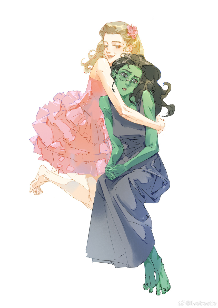 2girls absurdres barefoot black_dress black_hair blonde_hair blue_eyes chinese_commentary colored_skin commentary dress elphaba_thropp flower frilled_dress frills full_body glasses glinda green_eyes green_skin hair_flower hair_ornament highres hug hug_from_behind invisible_chair long_dress long_hair multiple_girls pink_dress pink_flower rimless_eyewear simple_background sitting siyemmm sleeveless sleeveless_dress watermark weibo_username weibo_watermark white_background wicked