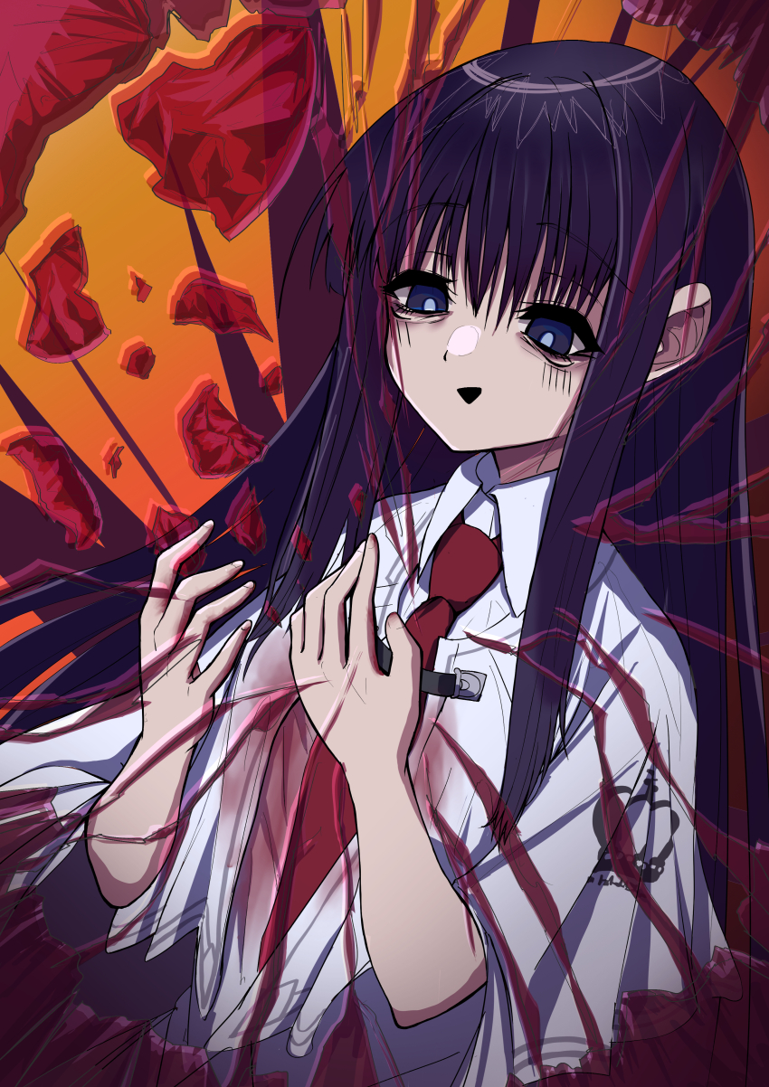 1girl absurdres ambiguous_red_liquid bags_under_eyes black_hair blue_eyes bright_pupils broken_glass capelet collared_shirt commentary eyes_visible_through_hair glass glass_shards gokudukidayo hair_between_eyes hands_up highres long_hair looking_down necktie open_mouth orange_background red_necktie school_uniform shirt sidelocks simple_background smile solo straight_hair subarashiki_hibi takashima_zakuro upper_body very_long_hair white_capelet white_shirt