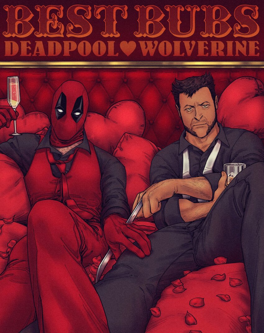 2boys arm_hair beard black_pants black_shirt blood brown_hair claw_(weapon) clenched_hand closed_mouth commentary cup deadpool deadpool_&amp;_wolverine deadpool_(series) drink english_commentary english_text facial_hair flower formal_clothes hand_on_another&#039;s_thigh heart heart-shaped_pillow highres holding holding_cup impaled indoors long_sleeves looking_at_viewer male_focus marvel marvel_cinematic_universe mature_male multiple_boys muscular muscular_male necktie pants petals pillow red_flower red_mask red_necktie red_pants red_rose red_vest rose scar shirt short_hair sitting stab tetra_(riotgogo_01) vest weapon white_necktie wolverine_(x-men) x-men yaoi