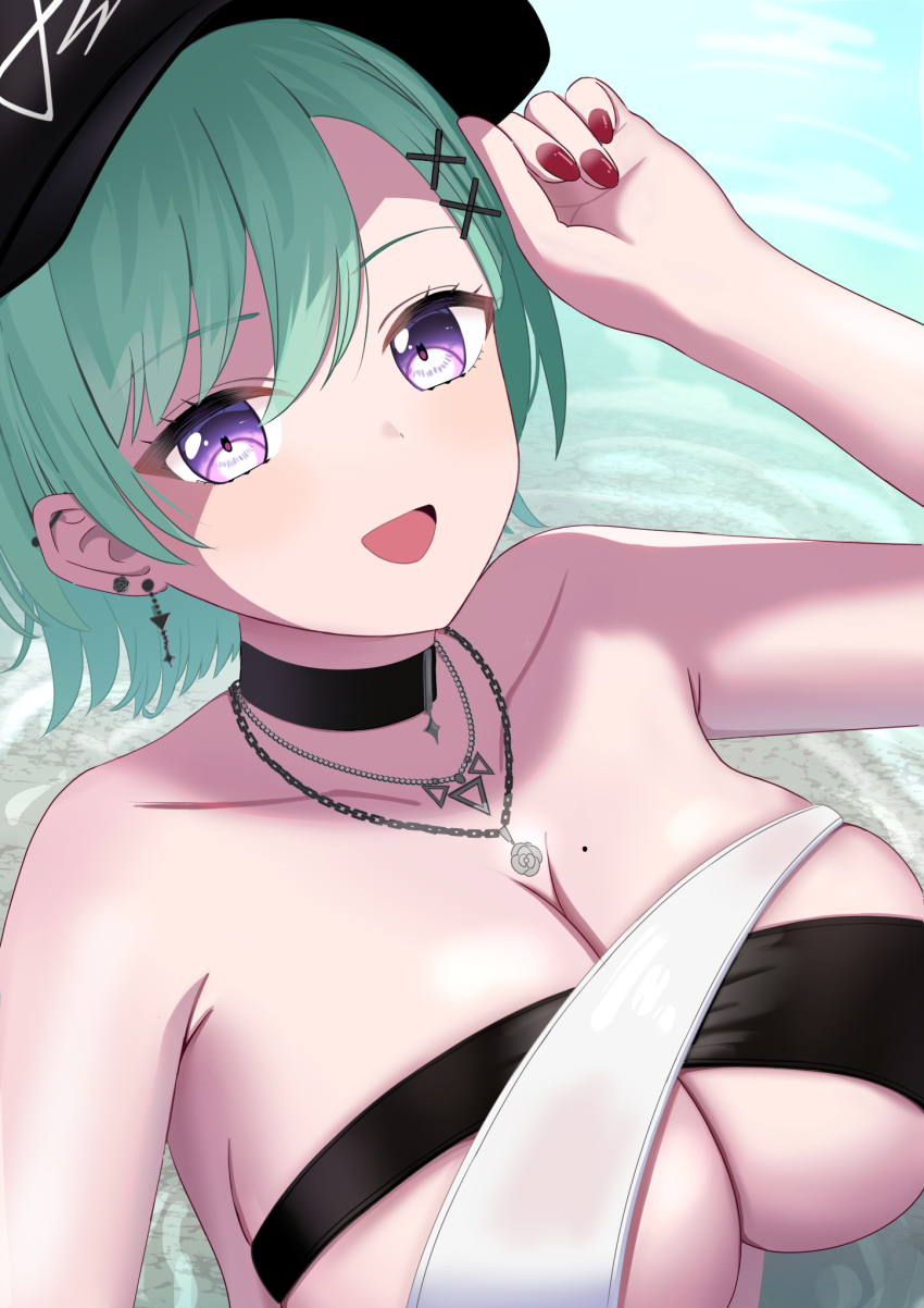 1girl :d baseball_cap bikini black_bikini black_choker black_hat breasts chain chain_necklace choker cross-laced_bikini cross-laced_clothes ear_piercing earrings hair_ornament hat hetj5235 highres jewelry large_breasts looking_at_viewer mole mole_on_breast multicolored_bikini multicolored_clothes necklace official_alternate_costume official_alternate_hairstyle open_mouth piercing red_nails short_hair skindentation smile solo swept_bangs swimsuit two-tone_bikini upper_body virtual_youtuber vspo! white_bikini x_hair_ornament yakumo_beni yakumo_beni_(3rd_anniversary)