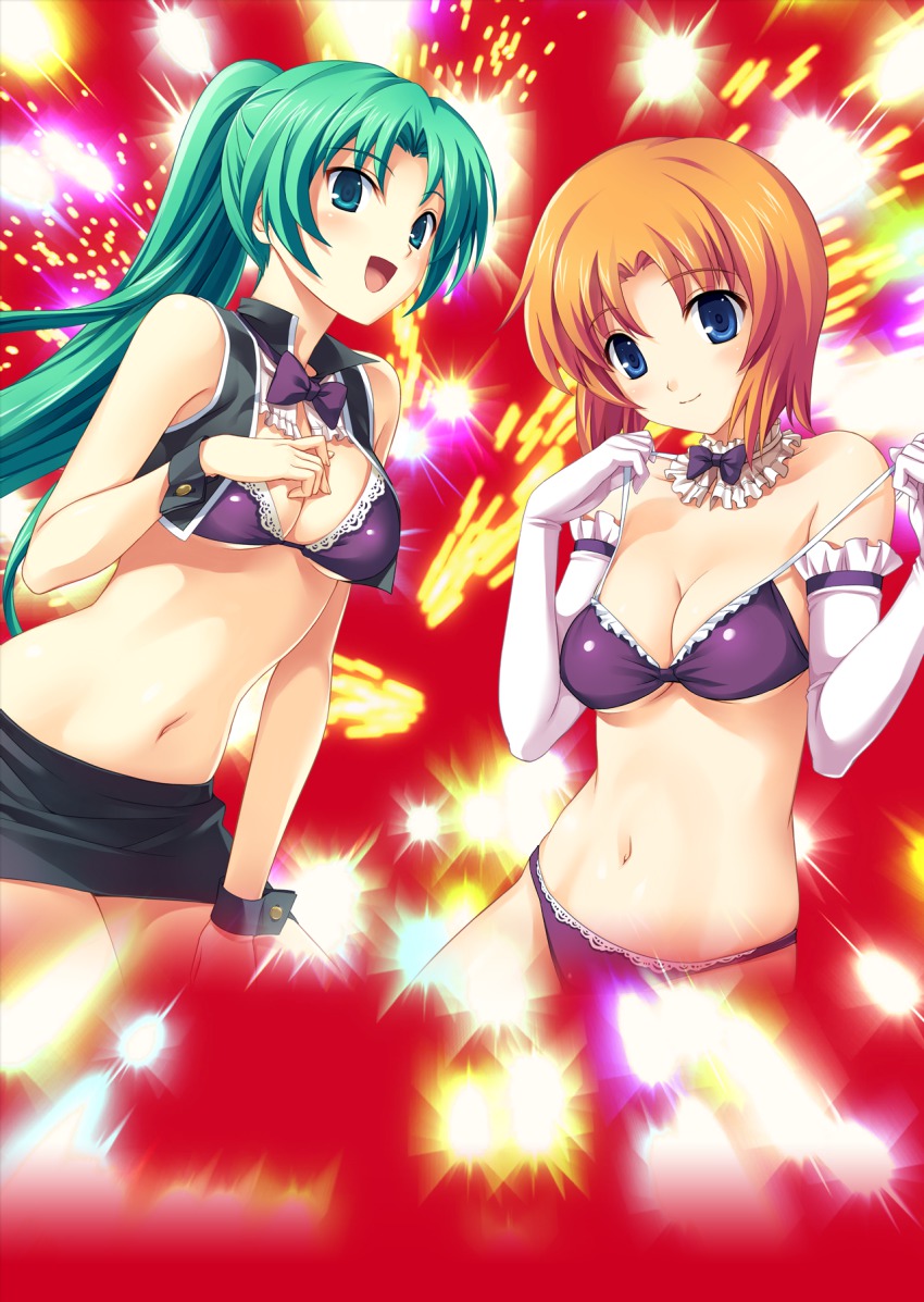 2girls alternate_costume aqua_eyes artist_check blue_eyes blush bow bra breasts cleavage ekusa_takahito female_focus green_hair highres higurashi_no_naku_koro_ni long_hair looking_at_viewer multiple_girls navel official_art orange_hair ponytail revealing_clothes ryuuguu_rena short_hair skirt smile sonozaki_mion underboob underwear undressing