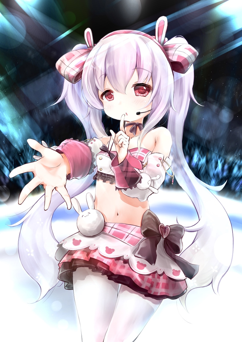 1girl absurdres animal_ears azur_lane black_bow bow breasts collarbone commentary_request detached_sleeves hair_between_eyes hair_bow hairband hand_up headset heart highres index_finger_raised laffey_(azur_lane) long_hair long_sleeves maru_shion midriff navel pantyhose parted_lips pink_hair plaid_bow plaid_clothes plaid_skirt pleated_skirt rabbit_ears red_bow red_eyes red_hairband red_skirt revision shirt silver_hair single_strap skirt small_breasts solo twintails very_long_hair white_pantyhose white_shirt white_sleeves