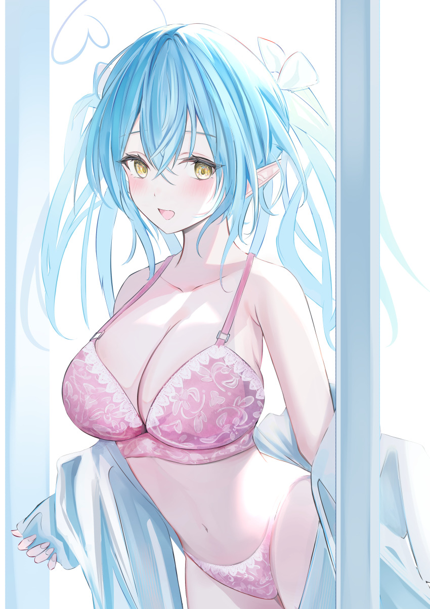 1girl :d absurdres ahoge blue_hair blush bra breasts cleavage crossed_bangs double-parted_bangs hair_between_eyes heart heart_ahoge highleg highleg_panties highres hololive kageboushi_(kageboushi_desu) large_breasts lingerie long_hair looking_at_viewer navel open_clothes open_mouth open_shirt panties pink_bra pink_panties pointy_ears shirt shirt_partially_removed smile solo stomach twintails underwear virtual_youtuber white_shirt yellow_eyes yukihana_lamy