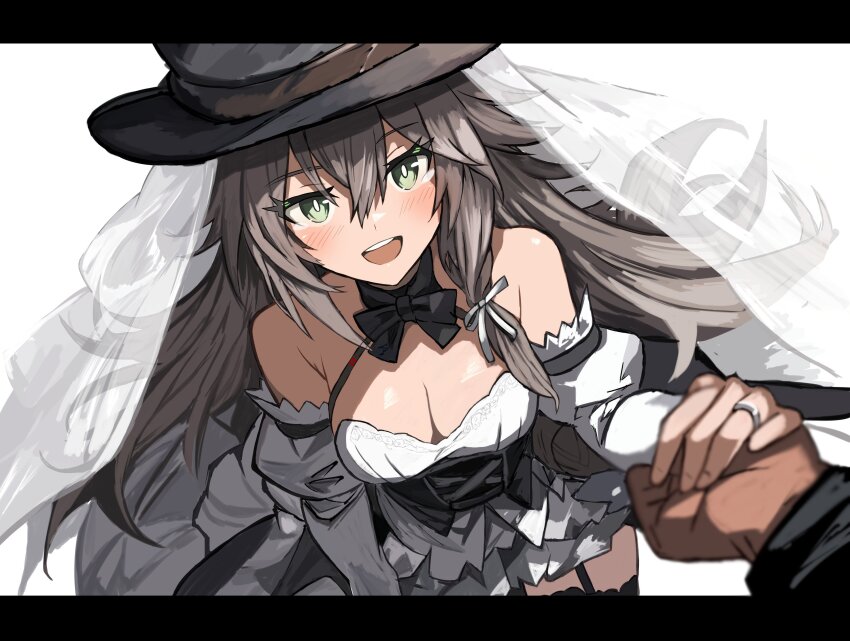 1girl black_bow black_bowtie black_thighhighs blush bow bowtie breasts bridal_veil brown_hair cleavage commentary garter_straps girls&#039;_frontline green_eyes hat highres jewelry letterboxed long_hair looking_at_viewer open_mouth pov pov_hands r_scrubed ring simple_background smile spitfire_(girls&#039;_frontline) teeth thighhighs top_hat upper_teeth_only veil wedding_ring white_background