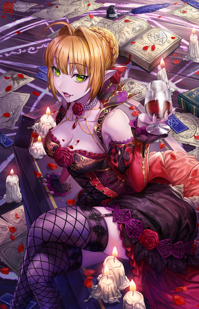 1girl ahoge alcohol bare_shoulders black_panties blonde_hair book bow box_(hotpppink) breasts candle choker coffin cup dress drinking_glass fate/grand_order fate_(series) feathers flower gem gold_trim green_eyes hair_bow highres ink jewelry lace long_dress long_sleeves applying_manicure medium_breasts nero_claudius_(fate) nero_claudius_(fate)_(all) panties pentagram red_bow red_dress red_gemstone rose short_hair sitting teeth underwear vampire white_choker wine wine_glass