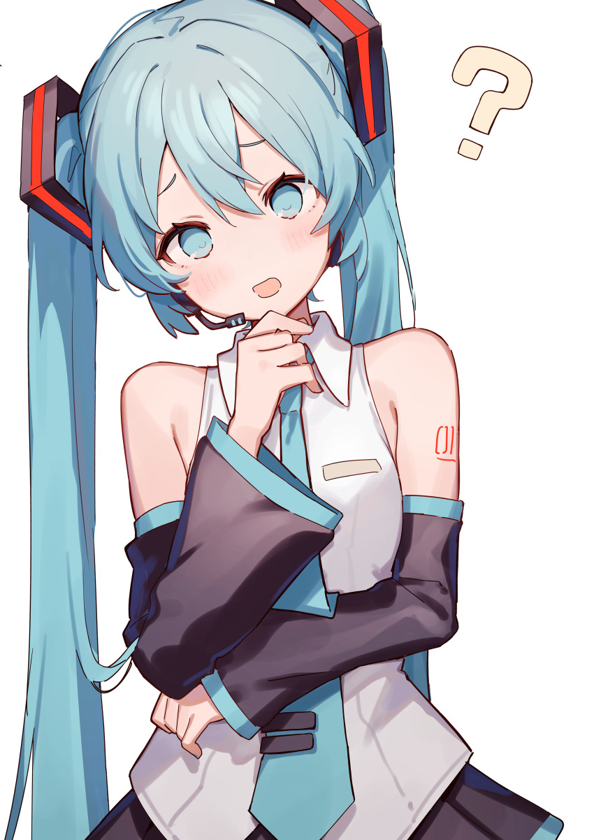 1girl ? absurdres bare_shoulders black_skirt black_sleeves blue_eyes blue_hair blue_necktie blue_trim blush collared_shirt commentary detached_sleeves elbow_on_arm hair_between_eyes hair_ornament hand_up hatsune_miku head_tilt headset highres long_hair long_sleeves looking_at_viewer necktie no_pupils open_mouth shiratakiseaice shirt simple_background skirt sleeveless sleeveless_shirt solo straight-on tie_clip twintails upper_body very_long_hair vocaloid white_background white_shirt