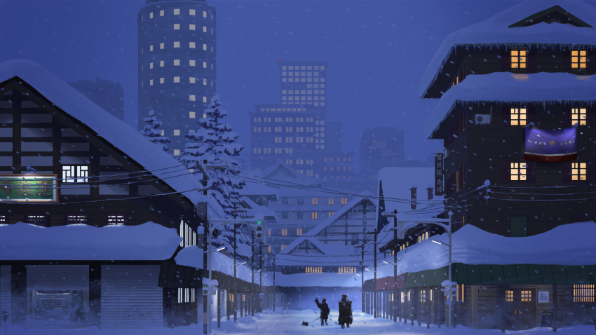 2others boots building cityscape coat commentary_request dog fog garage highres house motor_vehicle multiple_others night night_sky office original road scenery shop signature sky snow snowing spotlight tateyuki traffic_light truck utility_pole winter