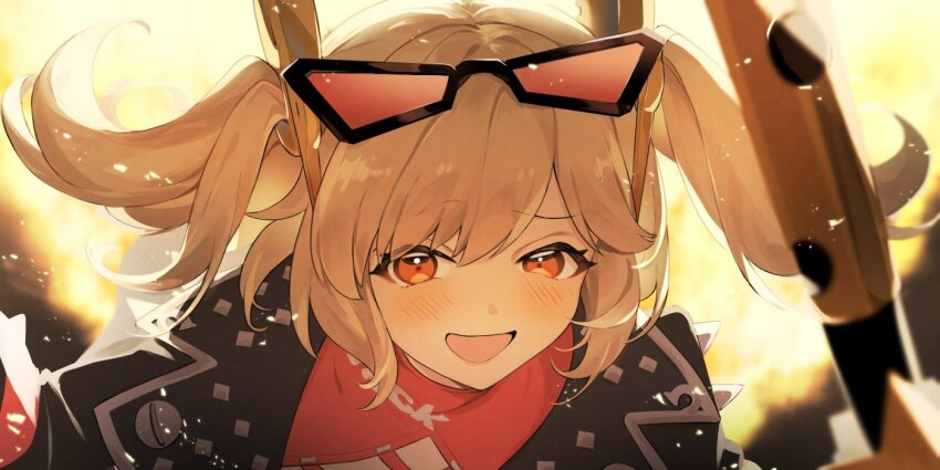 1girl black_jacket blonde_hair blush burnice_white commentary explosion eyewear_on_head flamethrower hair_between_eyes jacket looking_at_viewer open_mouth red_eyes solo sunglasses twintails umeda_shiso upper_body weapon zenless_zone_zero