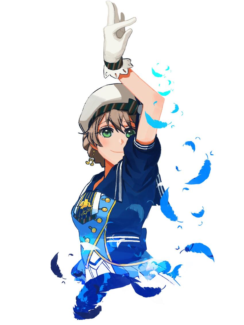 1girl absurdres arm_up arms_up beret blue_feathers blue_shirt brown_hair buttons closed_mouth commentary cropped_torso double-breasted earrings feathers gloves green_eyes hair_between_eyes hat highres idolmaster idolmaster_million_live! idolmaster_million_live!_theater_days jewelry jshnimzz looking_at_viewer musical_note musical_note_earrings puffy_short_sleeves puffy_sleeves sailor_collar sakuramori_kaori shirt short_hair short_sleeves simple_background smile white_background white_gloves white_hat