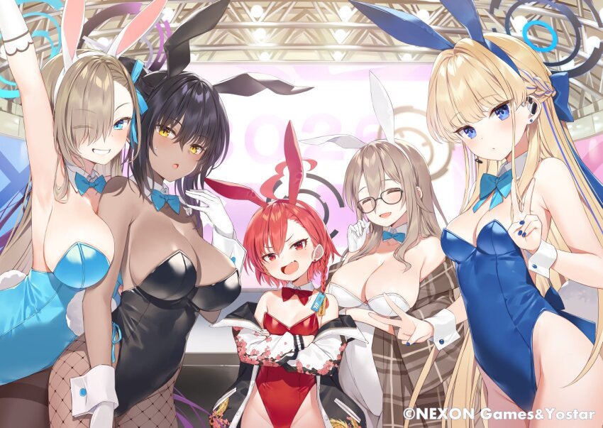 5girls ;) ^_^ akane_(blue_archive) akane_(bunny)_(blue_archive) animal_ears arm_up armpits asuna_(blue_archive) asuna_(bunny)_(blue_archive) bare_legs bare_shoulders black_hair black_halo black_leotard blonde_hair blue_archive blue_bow blue_bowtie blue_eyes blue_halo blue_leotard bow bowtie braid breasts brown_hair brown_halo brown_pantyhose cleaning_&amp;_clearing_(blue_archive) cleavage clenched_teeth closed_eyes commentary_request dark-skinned_female dark_skin detached_collar fake_animal_ears grin halo highleg highleg_leotard karin_(blue_archive) karin_(bunny)_(blue_archive) large_breasts leotard long_hair looking_at_viewer medium_breasts multiple_girls neru_(blue_archive) neru_(bunny)_(blue_archive) official_alternate_costume one_eye_closed open_mouth pantyhose playboy_bunny rabbit_ears red_bow red_bowtie red_eyes red_hair red_leotard single_braid small_breasts smile teeth toki_(blue_archive) toki_(bunny)_(blue_archive) v white_leotard yellow_eyes yuuki_hagure