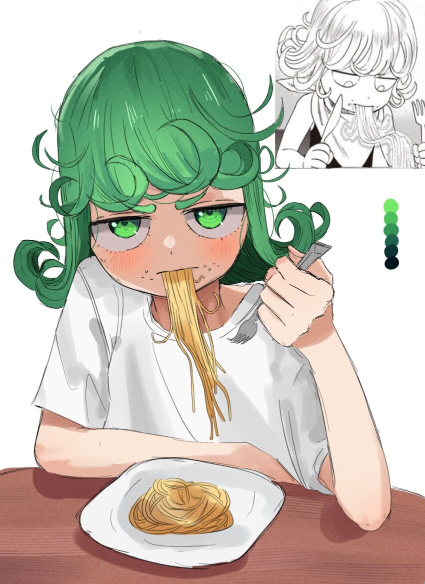 1girl blush curly_hair eating food fork green_eyes hand_up highres holding holding_fork holding_knife knife looking_at_viewer medium_hair multiple_views one-punch_man pasta plate shirt short_sleeves simple_background sitting solitary.apple spaghetti table tatsumaki white_background white_shirt