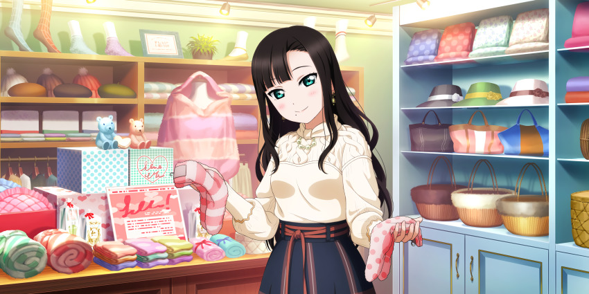 1girl absurdres artist_name artist_request bag basket beanie beret black_hair black_skirt box clothes dress earrings female_focus gem gift gift_box green_eyes handbag hat highres holding holding_socks indoors jewelry kurosawa_dia light_brown_sweater long_hair long_sleeves looking_at_viewer love_live! love_live!_school_idol_festival love_live!_school_idol_festival_all_stars love_live!_sunshine!! miniskirt mole mole_under_mouth necklace pearl_(gemstone) pearl_necklace plaid_clothes plaid_skirt pleated pleated_dress pleated_skirt red_ribbon ribbon shelf skirt solo stuffed_animal stuffed_toy sweater table teddy_bear towel white_sweater