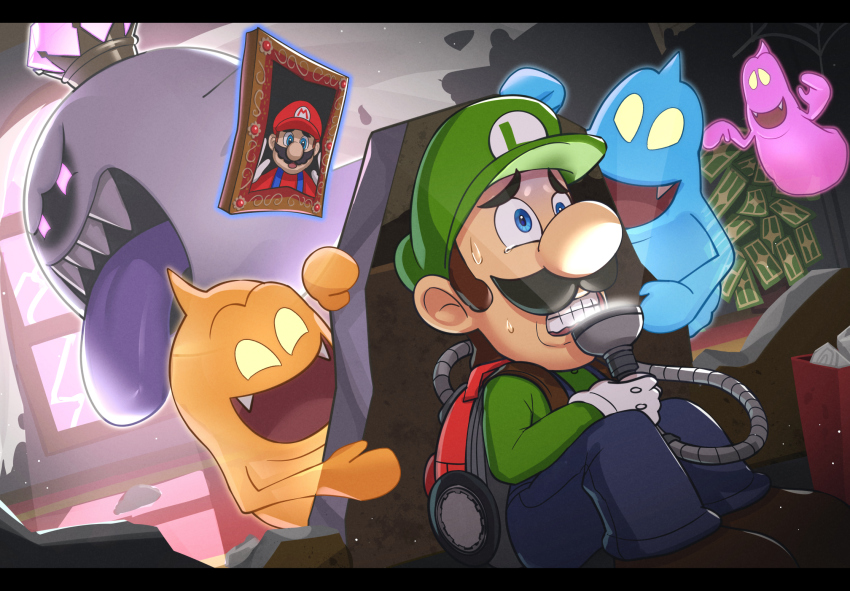 2boys banknote brown_hair clenched_teeth facial_hair flashlight ghost gonzarez hat highres king_boo letterboxed lightning luigi luigi&#039;s_mansion mario mario_(series) money multiple_boys mustache nintendo overalls poltergust_3000 short_hair sitting teeth vacuum_cleaner window