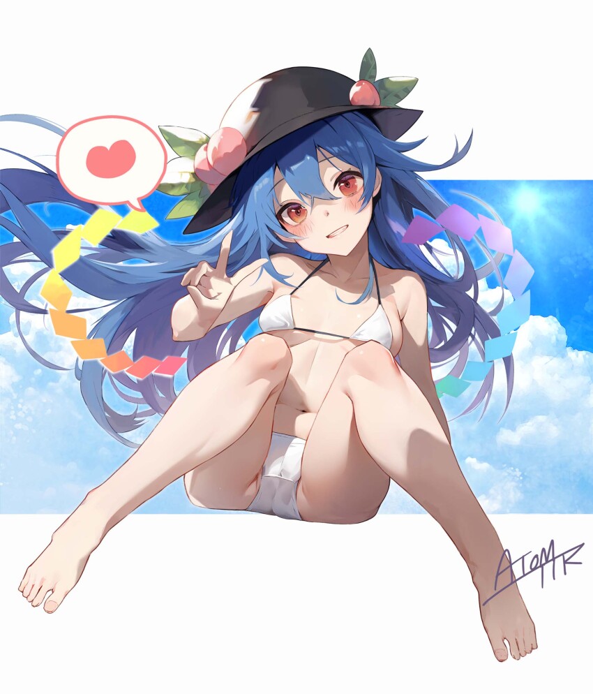 1girl barefoot bikini black_hat blue_hair breasts cameltoe food fruit fruit_hat_ornament gluteal_fold hat hat_ornament highres hinanawi_tenshi kaname-ishi leaf leaf_hat_ornament long_hair midriff navel panties peach peach_hat_ornament rainbow_gradient rainbow_order red_eyes small_breasts smile swimsuit sword_of_hisou tetsurou_(fe+) touhou underwear v