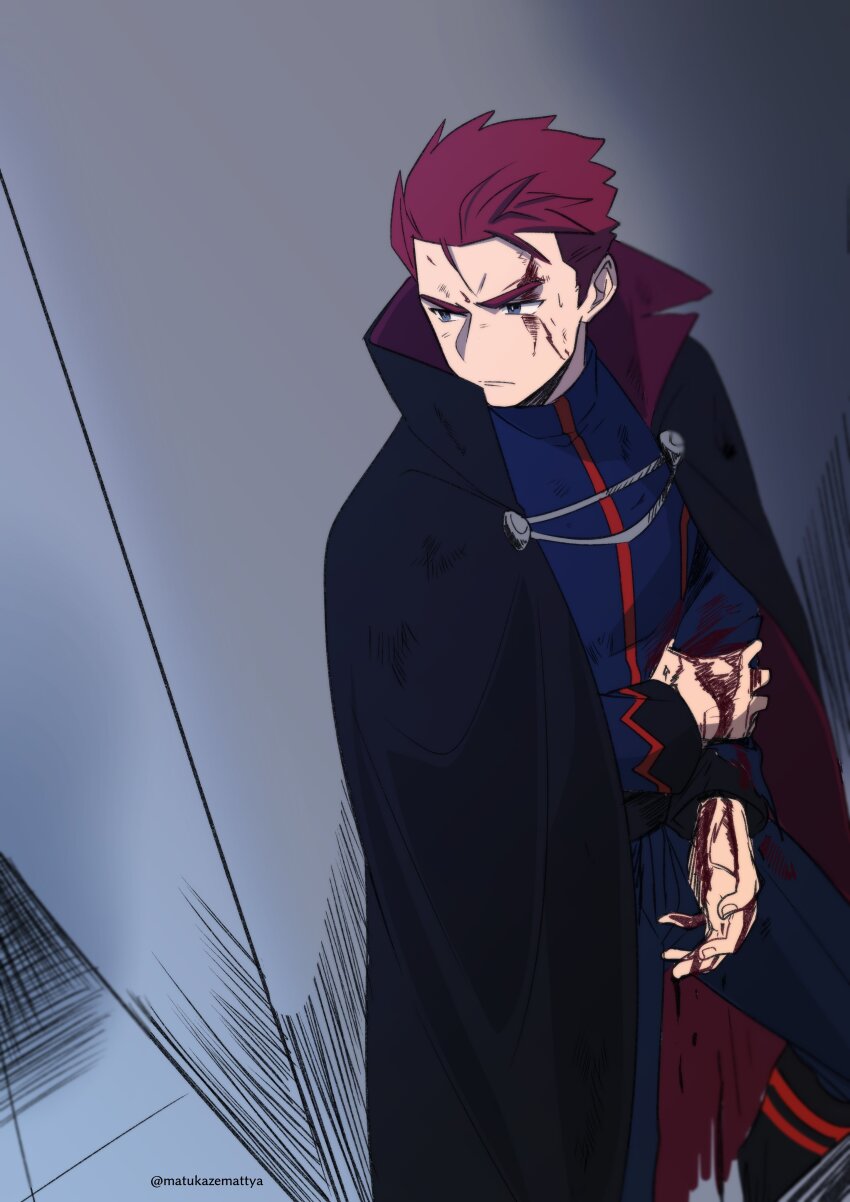 1boy absurdres blood blood_on_face blood_on_hands blue_jacket blue_pants cape cape_clasp closed_mouth collared_cape commentary_request creatures_(company) feet_out_of_frame game_freak hair_slicked_back hand_on_own_arm high_collar highres injury jacket lance_(pokemon) looking_to_the_side male_focus matsukaze_mattya multicolored_clothes multicolored_jacket multicolored_pants nintendo orange_trim pants pokemon pokemon_hgss red_hair short_hair solo standing twitter_username two-sided_cape two-sided_fabric