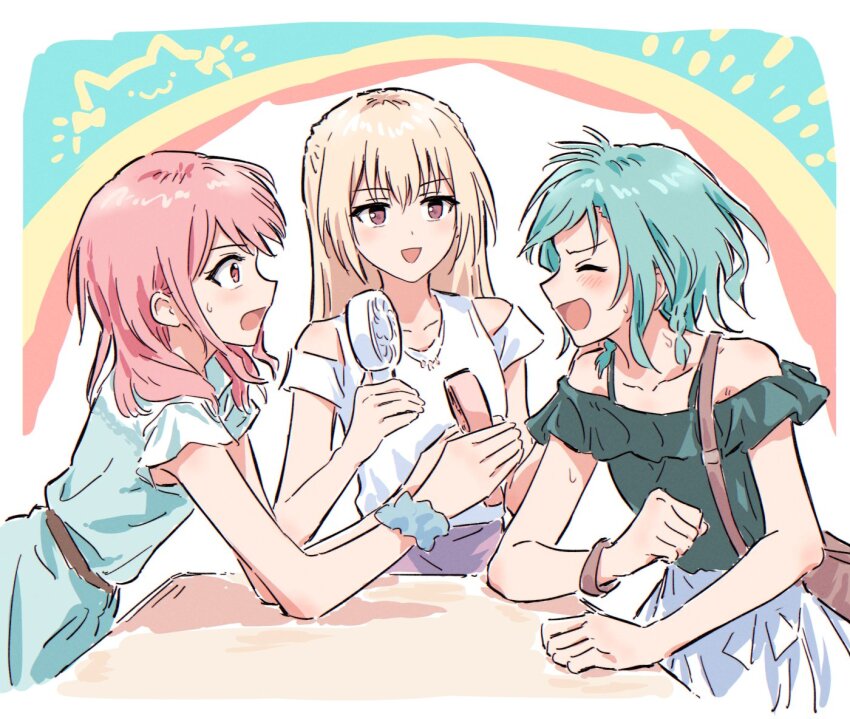 3girls :d aqua_hair bag bang_dream! blonde_hair blue_dress blue_scrunchie blush braid brown_bag brown_eyes bullfalk clenched_hands closed_eyes clothing_cutout collarbone dress frilled_shirt frills green_shirt handbag handheld_electric_fan hikawa_hina holding long_hair maruyama_aya medium_hair multiple_girls off-shoulder_shirt off_shoulder open_mouth pink_eyes pink_hair purple_skirt scrunchie shirasagi_chisato shirt short_sleeves shoulder_cutout side_braids sidelocks sideways_mouth skirt smile sweat sweatdrop white_shirt white_skirt wrist_scrunchie