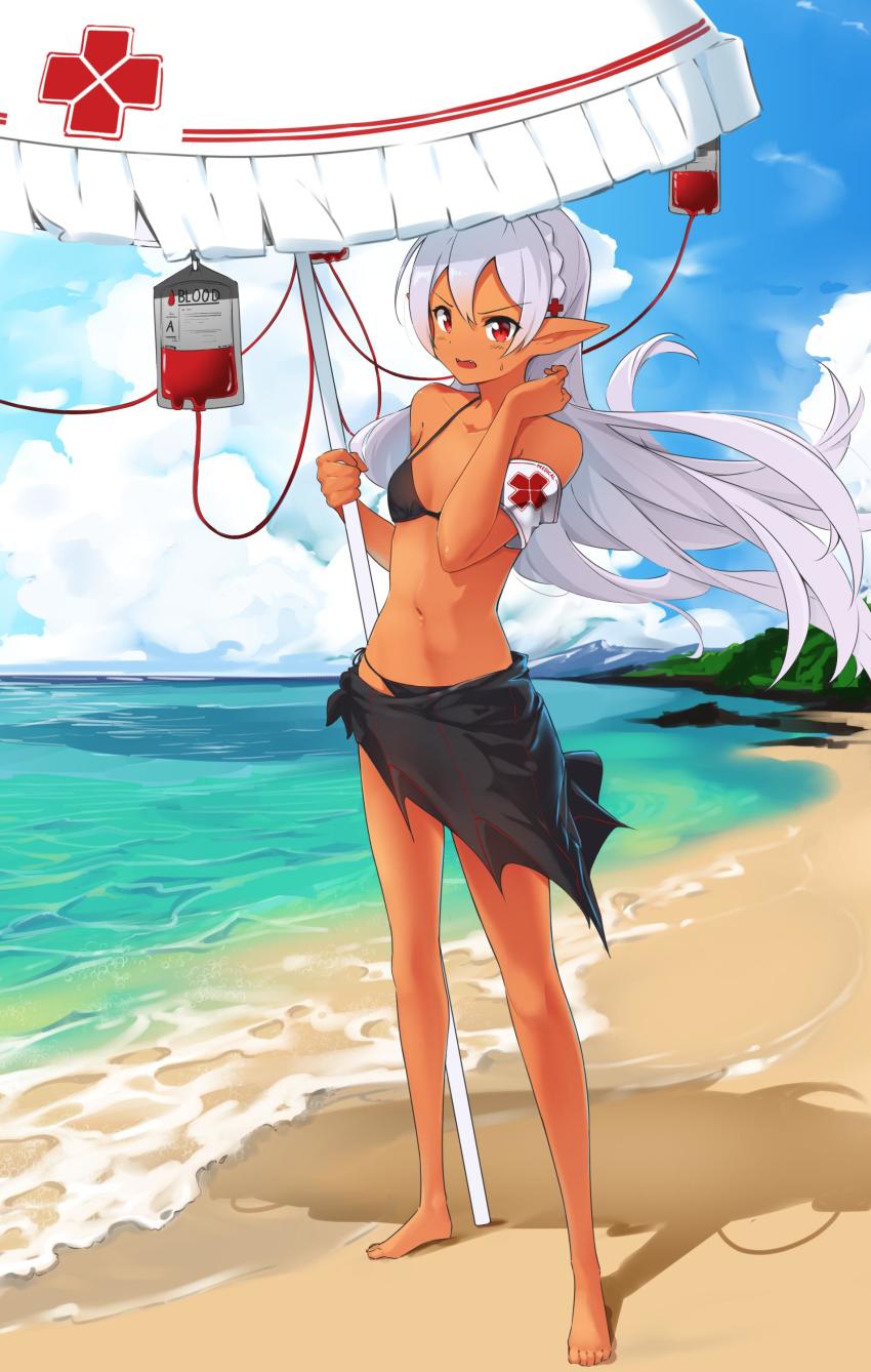 1girl :o absurdres arknights armband barefoot beach beach_umbrella bikini black_bikini breasts day fangs hair_between_eyes hand_up highres intravenous_drip long_hair looking_at_viewer nano_(nanojyaa) navel ocean outdoors pointy_ears red_eyes small_breasts solo standing sweatdrop swimsuit tan umbrella warfarin_(arknights) water white_hair