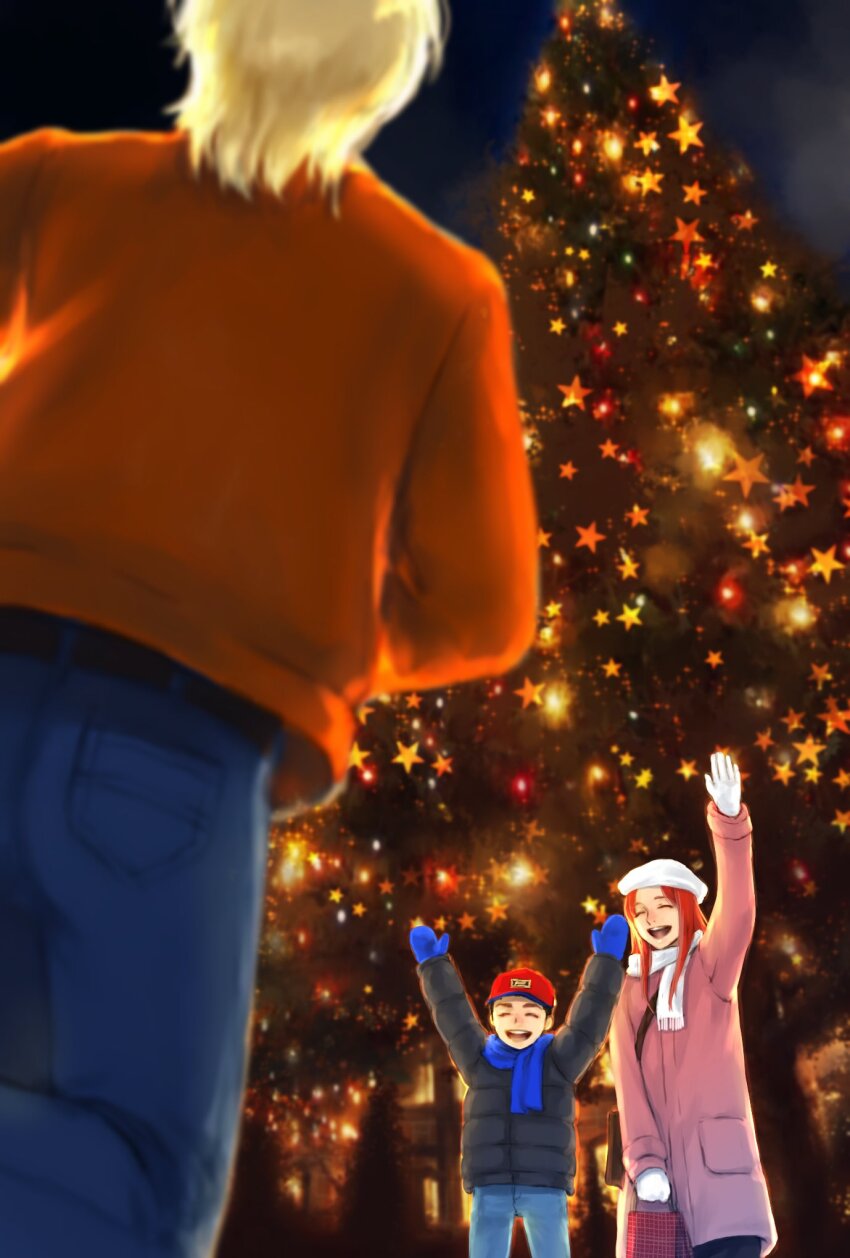 1girl 2boys alfred_izuruha alternate_universe arm_up arms_up bag baseball_cap beret bernard_wiseman black_jacket blonde_hair blue_mittens blue_pants blue_scarf brown_jacket christina_mackenzie christmas_tree closed_eyes coat commentary cowboy_shot denim down_jacket english_commentary facing_viewer from_behind gloves gundam gundam_0080 hat highres holding holding_bag jacket jeans long_hair long_sleeves mittens multiple_boys night open_mouth outdoors pants pink_coat red_hair red_hat running scarf smile standing takeda_yuuko waving white_gloves white_hat white_scarf winter_clothes