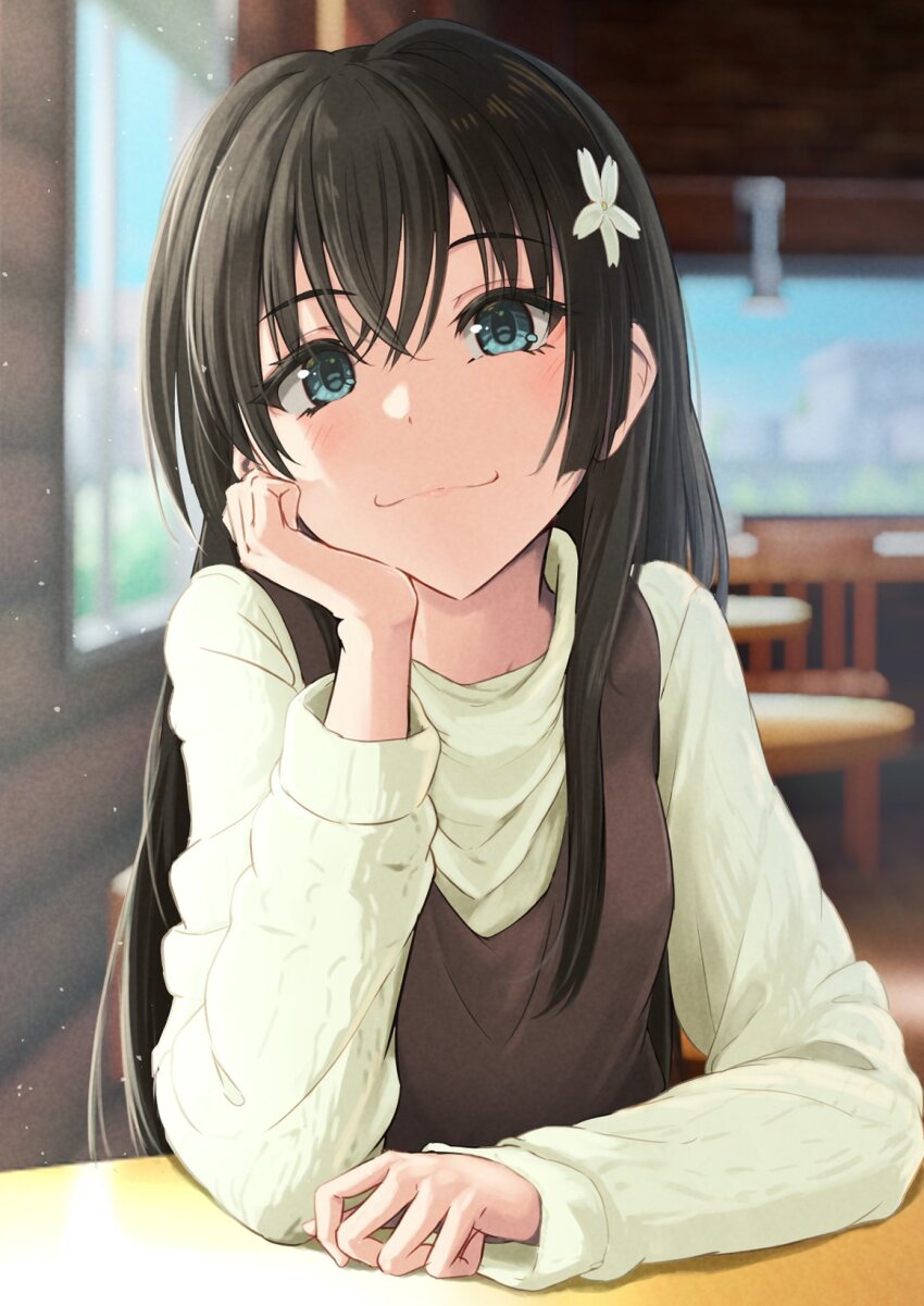 1girl :3 black_hair blurry blurry_background blush casual closed_mouth commentary_request day flower green_eyes hair_flower hair_ornament hand_on_own_chin highres indoors k3rd long_hair long_sleeves looking_at_viewer saten_ruiko shirt smile smug solo table toaru_kagaku_no_railgun toaru_majutsu_no_index white_shirt window