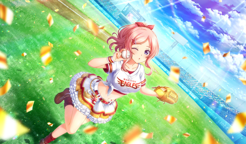 1girl ;o ball baseball baseball_(object) baseball_glove baseball_stadium baseball_uniform belt belt_buckle blurry bow buckle cinderella_series cloud collarbone confetti crowd depth_of_field dutch_angle foot_out_of_frame frilled_skirt frills game_cg hachigatsu_no_cinderella_nine hair_bow hair_ornament hairclip hanayama_emi high_ponytail highres holding holding_ball leg_up light_rays long_hair looking_at_viewer navel nippon_professional_baseball non-web_source official_art on_grass one_eye_closed outdoors parted_bangs parted_lips pink_hair purple_eyes red_belt red_bow red_footwear red_socks red_undershirt scoreboard screen_zoom shirt shirt_under_shirt skirt sky socks solo sportswear standing standing_on_one_leg sunbeam sunlight tied_shirt touhoku_rakuten_golden_eagles white_shirt wristband