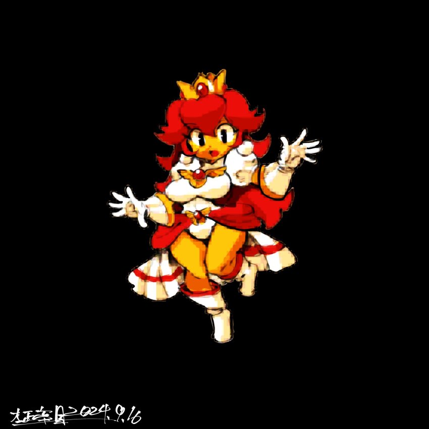 1girl 2024 arms_up breasts chest_jewel colored_skin crown dress earrings elbow_gloves female_focus floating full_body gloves highres japanese_text jewelry large_breasts leg_up legs_together long_hair mario_(series) nintendo official_alternate_costume oomasa_teikoku open_hands open_mouth pixel_art princess_peach princess_toadstool_redraw_(meme) puffy_short_sleeves puffy_sleeves red_eyes red_hair short_sleeves solo super_mario_bros._1 tareme upskirt very_long_hair white_dress white_gloves