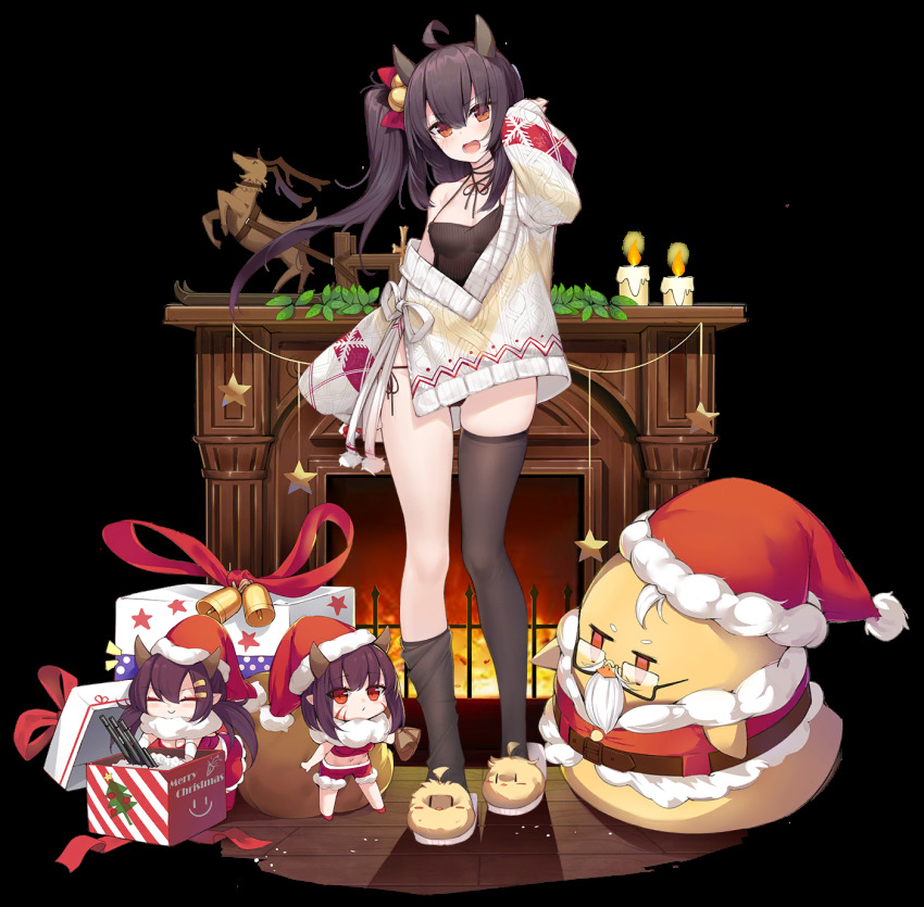 3girls abukuma_(azur_lane) ahoge alternate_costume aurora azur_lane bell bespectacled black_hair black_legwear black_panties blush box breasts candle christmas fire fireplace gift gift_box glasses hair_bell hair_between_eyes hair_ornament hairclip hat highres horns isuzu_(azur_lane) isuzu_(cozy_christmas_eve)_(azur_lane) long_hair long_sleeves manjuu_(azur_lane) merry_christmas midriff mini_person minigirl multiple_girls nagara_(azur_lane) navel official_alternate_costume official_art ootsuki_momiji open_mouth oversized_clothes panties pointy_ears red_eyes santa_costume santa_hat shorts side-tie_panties side_ponytail sleeves_past_wrists slippers small_breasts smile star_(symbol) sweater thighhighs transparent_background underwear