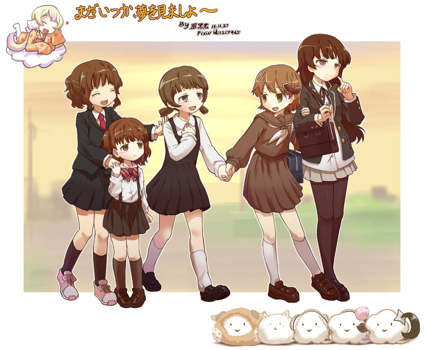 bag black_hair brown_hair hatoda_ako heei_juun himekawa_koyuki inubouzaki_tama laughing mahou_shoujo_ikusei_keikaku open_mouth pantyhose sailor_collar sakanagi_ayana sazanami_kano school_bag school_uniform shoes smile