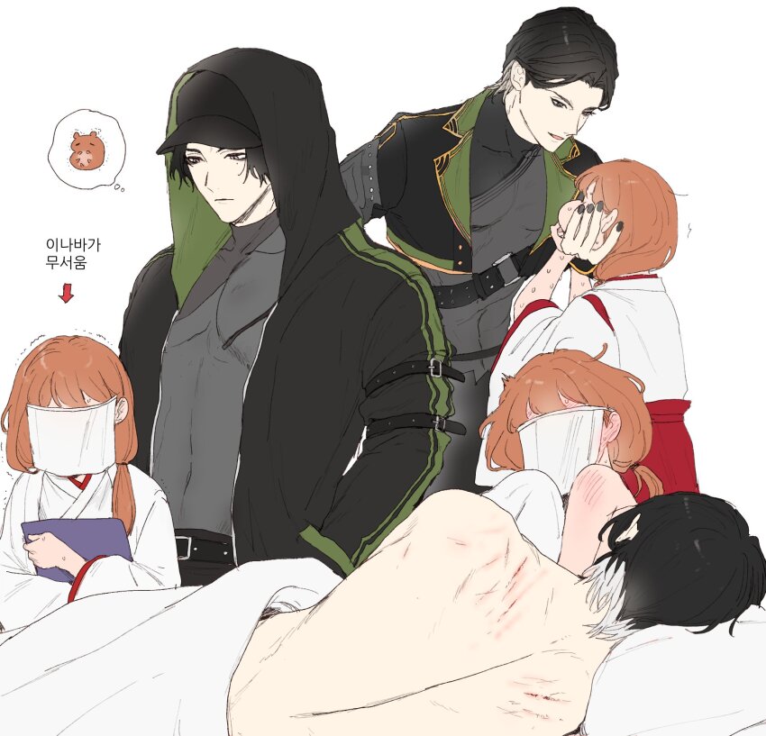 1boy 1girl aftersex bed black_hair black_jacket brown_hair cuts dal-gi faceless faceless_female female_saniwa_(touken_ranbu) grey_eyes grey_shirt hamster hetero highres hood hood_up inaba_gou_(touken_ranbu) injury jacket japanese_clothes kimono korean_text long_hair lying miko multiple_views on_side saniwa_(touken_ranbu) shirt short_hair simple_background skin_tight touken_ranbu translation_request under_covers white_background white_kimono