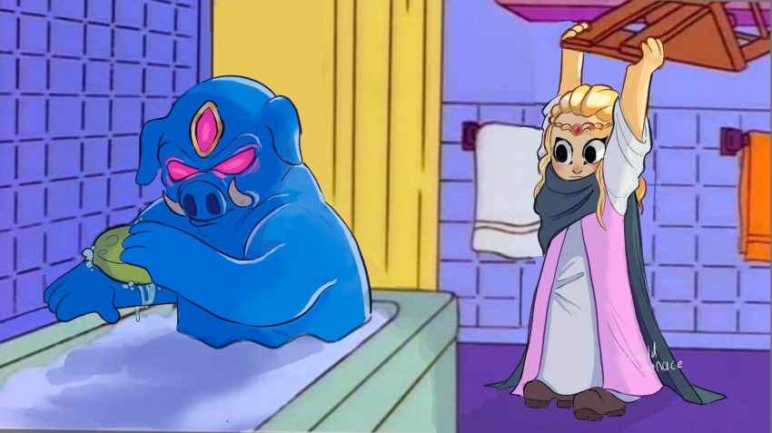 1boy 1girl artist_name bathtub black_cape black_eyes blonde_hair brown_footwear cape chair circlet commentary derivative_work english_commentary ganon highres holding_chair indoors meme nintendo parody pig pink_eyes princess_zelda robe screenshot_redraw soap the_legend_of_zelda the_legend_of_zelda:_echoes_of_wisdom the_simpsons towel wild_menace