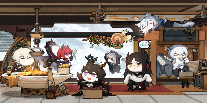 3girls 4boys :3 absurdres animal_ear_headwear animal_ears arknights bed black_cat black_hair bunk_bed cat cat_ears cat_girl cat_tail chibi chibi_only christine_(arknights) closed_eyes commentary_request demon_girl demon_horns ebenholz_(arknights) executor_(arknights) executor_the_ex_foedere_(arknights) fake_animal_ears goat_boy goat_horns grey_hair highres hood hood_up horns ines_(arknights) korean_commentary long_hair mixed-language_commentary multiple_boys multiple_girls no_mouth official_alternate_costume papu_ri_ca phantom_(arknights) purple_eyes red_hair rosmontis_(arknights) short_hair silverash_(arknights) sitting sleeping slit_pupils speech_bubble squeans standing surtr_(arknights) tail waking_up white_hair yellow_eyes