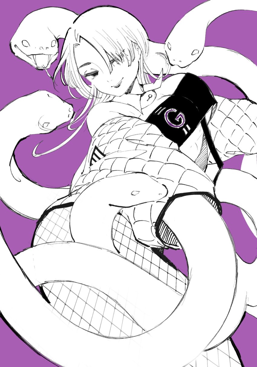 1girl argyle_clothes argyle_jacket bob_cut breasts chest_belt choujin_x cleavage cowlick curtained_hair detached_collar fangs fishnets hair_over_one_eye highres large_breasts looking_at_viewer medium_hair monochrome nnicoinu off_shoulder purple_background simple_background smile snake solo_focus thick_thighs thighs tsumuji_nari_(choujin_x) underboob white_hair white_snake_choujin