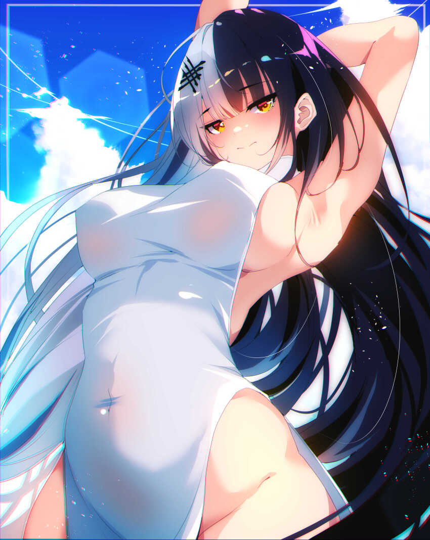 1girl absurdres alternate_costume arm_behind_head armpits arms_up black_hair blue_sky breasts closed_mouth cloud commentary_request covered_erect_nipples covered_navel day dress hair_ornament hairclip highres hololive hololive_english large_breasts lens_flare long_hair looking_at_viewer medium_breasts multicolored_hair navel purple_hair shiori_novella sideboob sidelocks sky solo split-color_hair swimsuit the0neulost two-tone_hair very_long_hair virtual_youtuber white_dress white_hair wide_hips yellow_eyes