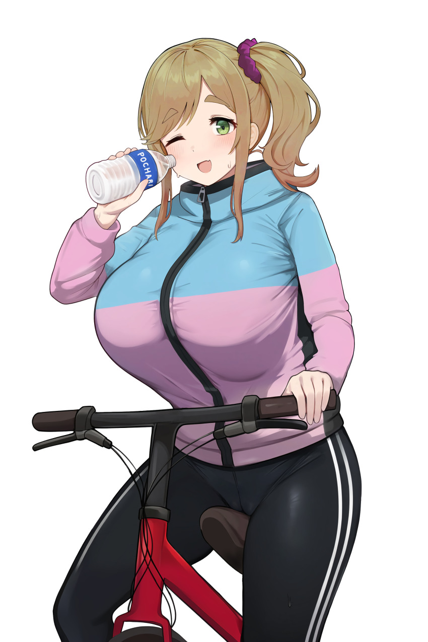 1girl absurdres alternate_breast_size bicycle black_pants blue_jacket blush bottle breasts brown_hair cameltoe commission double_vertical_stripe erufura green_eyes hair_ornament hair_scrunchie highres holding huge_breasts inuyama_aoi jacket long_sleeves looking_at_viewer multicolored_clothes multicolored_jacket one_eye_closed open_mouth pants pixiv_commission purple_jacket scrunchie side_ponytail sidelocks simple_background smile solo taut_clothes thick_eyebrows two-tone_jacket water_bottle white_background yurucamp