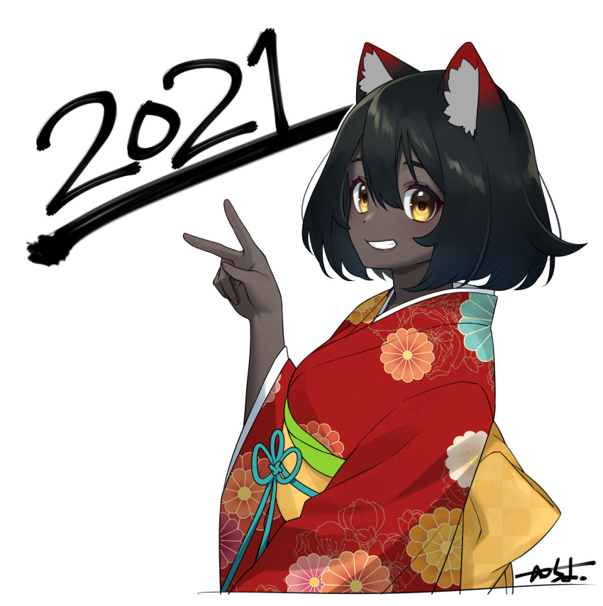 1girl 2021 animal_ear_fluff animal_ears black_hair cat_ears dark-skinned_female dark_skin highres indie_virtual_youtuber japanese_clothes kimono red_kimono sakura_chiyo_(konachi000) sakuraba_chiyo short_hair v very_dark_skin virtual_youtuber white_background yellow_eyes