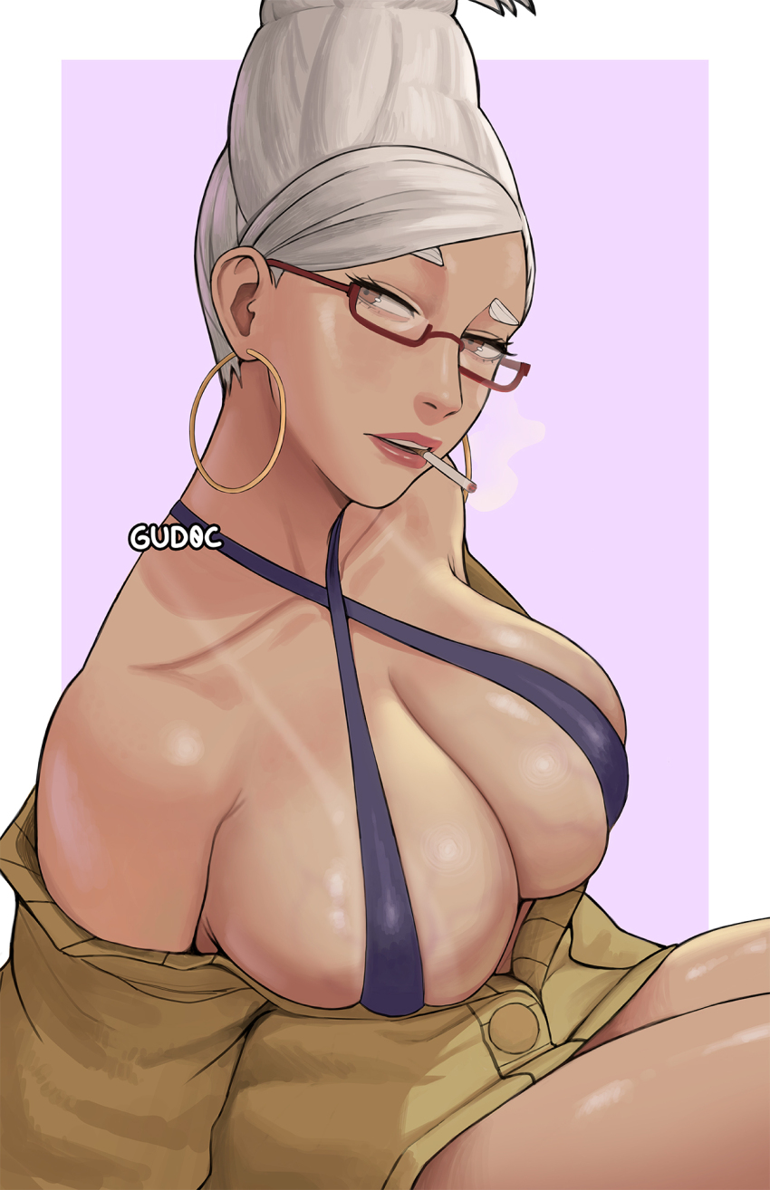 ayase_seiko breasts cigarette dandadan gilf glasses gud0c huge_breasts looking_at_viewer mature_female older_woman white_hair