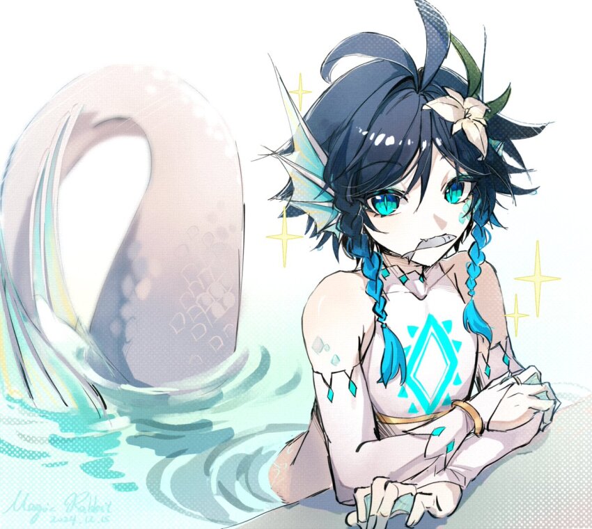 1boy androgynous aqua_eyes aqua_hair braid bridal_gauntlets cecilia_flower_(genshin_impact) chest_tattoo crop_top fang fins fish_in_mouth flower genshin_impact glowing glowing_hair glowing_tattoo gradient_hair head_fins looking_at_viewer male_focus merman monster_boy monsterification multicolored_hair muxi297 partially_submerged scales short_hair_with_long_locks solo sparkle tattoo twin_braids venti_(archon)_(genshin_impact) venti_(genshin_impact) webbed_hands white_flower