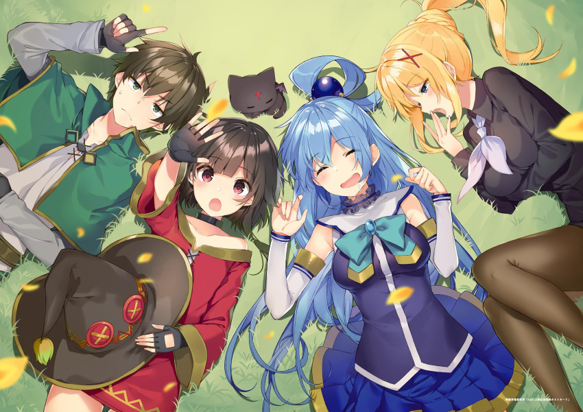 1boy 3girls ;o aqua_(konosuba) arm_under_breasts arm_up artbook bare_shoulders bat_wings belt black_cat black_gloves black_hair black_hat black_shirt black_skirt blonde_hair blue_eyes blue_hair blue_shirt blue_skirt blush breasts brown_belt brown_hair brown_pantyhose capelet cat chomusuke closed_eyes closed_mouth curled_up darkness_(konosuba) detached_sleeves dress falling_petals fetal_position fingerless_gloves from_above frown gloves grass green_capelet green_tunic hair_ornament hair_rings hat high_ponytail highres holding holding_hat holding_unworn_clothes index_finger_raised kono_subarashii_sekai_ni_shukufuku_wo! large_breasts long_hair lying medium_breasts megumin mishima_kurone multiple_girls neckerchief non-web_source off-shoulder_dress off_shoulder on_back on_grass on_ground on_side one_eye_closed open_mouth outstretched_arm pantyhose pencil_skirt petals pleated_skirt ponytail reaching reaching_towards_viewer red_dress red_eyes satou_kazuma scan shirt short_dress short_hair short_hair_with_long_locks sidelocks single_hair_ring skirt sleeping small_breasts textless_version translated tunic white_neckerchief white_shirt wings witch_hat x_hair_ornament yawning