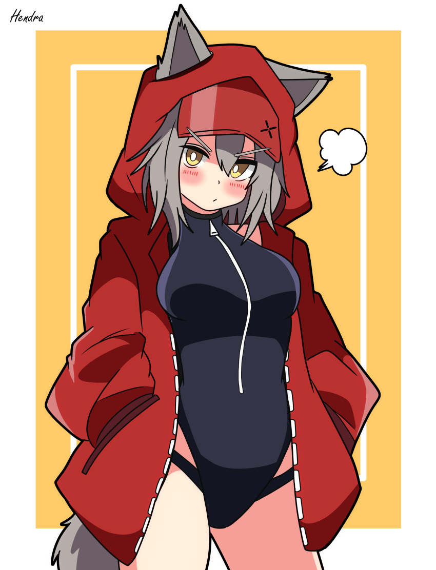 1girl absurdres animal_ears arknights artist_name black_one-piece_swimsuit black_outline blush border bright_pupils closed_mouth commentary_request cowboy_shot ears_through_hood eyes_visible_through_hair frown grey_hair grey_tail hair_between_eyes hands_in_pockets hendra highres hood hood_up hooded_jacket jacket long_sleeves looking_at_viewer one-hour_drawing_challenge one-piece_swimsuit open_clothes open_jacket outline projekt_red_(arknights) puff_of_air red_jacket short_hair signature simple_background solo standing swimsuit tail white_border white_pupils yellow_background yellow_eyes zipper_pull_tab