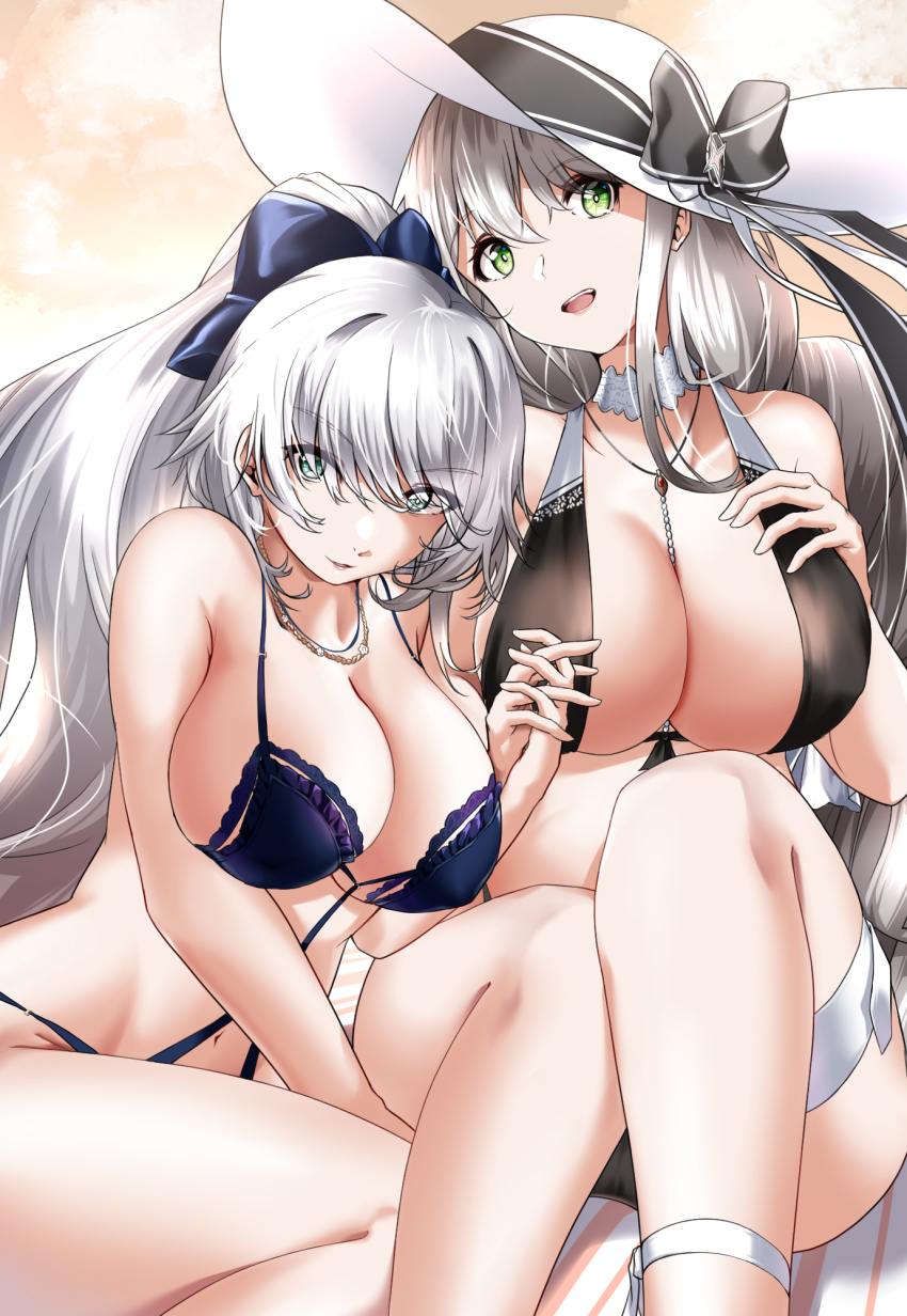 2girls aquila_(azur_lane) aquila_(a_sip_of_sardegnian_elegance)_(azur_lane) azur_lane bare_shoulders bikini black_bikini black_ribbon bow braid breasts center_opening cleavage clothing_cutout collar detached_collar green_eyes grey_eyes grey_hair hair_bow hand_on_own_chest hat highleg highleg_bikini highres huge_breasts long_hair looking_at_viewer multiple_girls navel_cutout official_alternate_costume one-piece_swimsuit ponytail purple_bow purple_one-piece_swimsuit ribbon single_braid sun_hat swimsuit thigh_strap very_long_hair vittorio_veneto_(azur_lane) vittorio_veneto_(the_flower_of_la_spezia)_(azur_lane) white_collar white_headwear winterfall_(artenh)