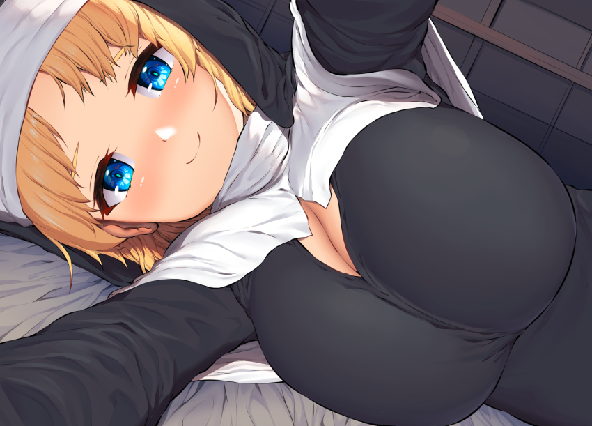 1girl blonde_hair blue_eyes blush breasts cleavage habit looking_at_viewer lying nun on_bed on_side original sakimori_dan short_hair smile solo