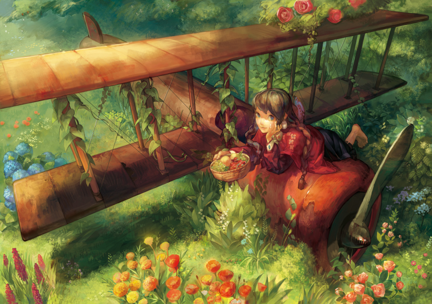 1girl aircraft airplane barefoot basket biplane blue_eyes braid brown_hair female_focus flower food fruit grapes grass head_rest hydrangea long_hair lying nature on_stomach original plant propeller scenery solo twin_braids vehicle_focus wadanaka