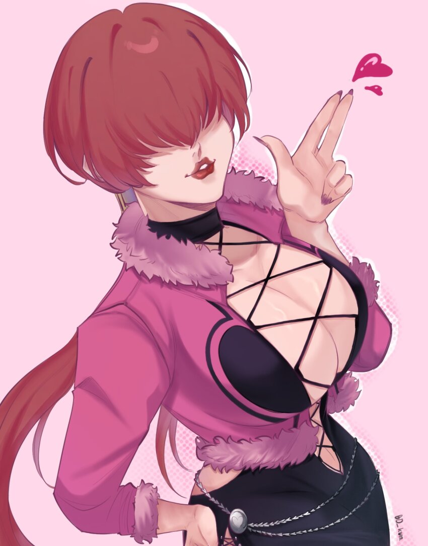 1girl blowing_kiss breasts cleavage faceless faceless_female hair_over_eyes hand_on_own_hip heart highres large_breasts long_hair looking_at_viewer low_ponytail parted_lips red_hair red_lips shermie_(kof) smile the_king_of_fighters the_king_of_fighters_xv